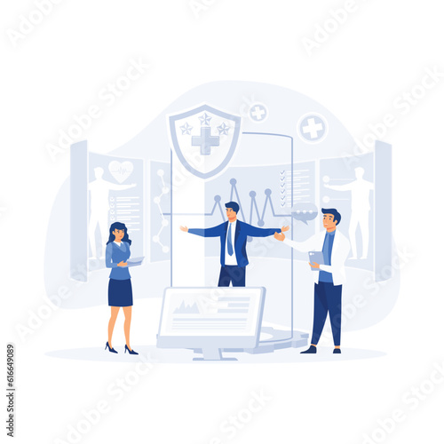 Doctors examining a patient using a medical app on a smartphone, online medical consultation, flat vector modern illustration