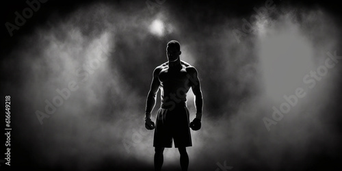 Silhouette of a boxer standing on a dark background and smoke