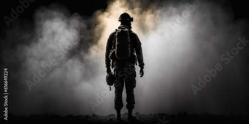 Silhouette of a military man standing on a dark background and smoke