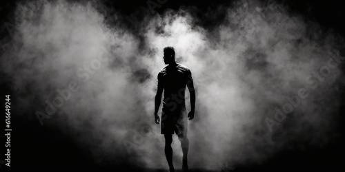 Silhouette of a football player standing on a dark background and smoke