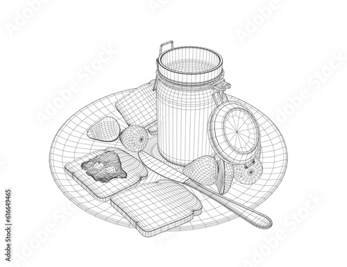 Wireframe healthy morning food and breakfast meals hand drawn with wireframe lines on white background - toasts, strawberry. Vector illustration. 3D.