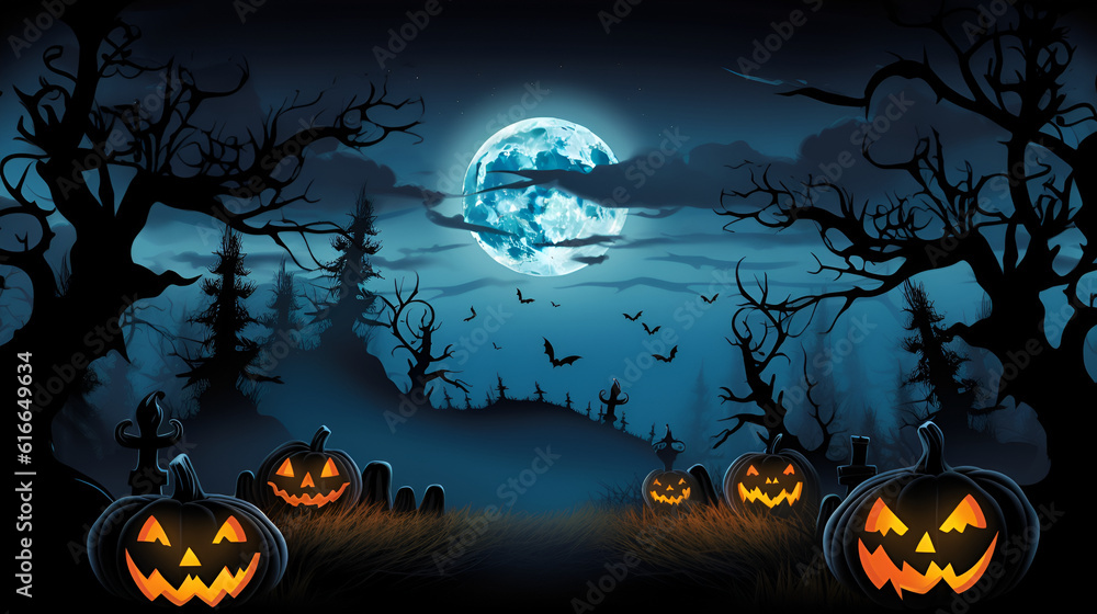 Fototapeta premium Graveyard In The Spooky Night. Spooky Cemetery With Moon In Cloudy Sky. AI illustration. Halloween Backdrop.