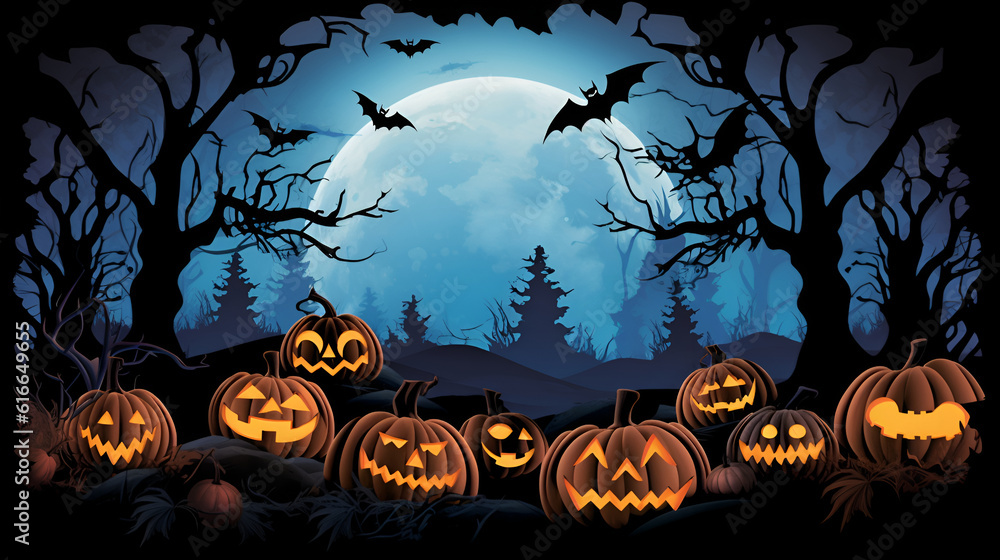 Jack O’ Lanterns In Spooky Forest At Moonlight – Halloween. AI illustration.