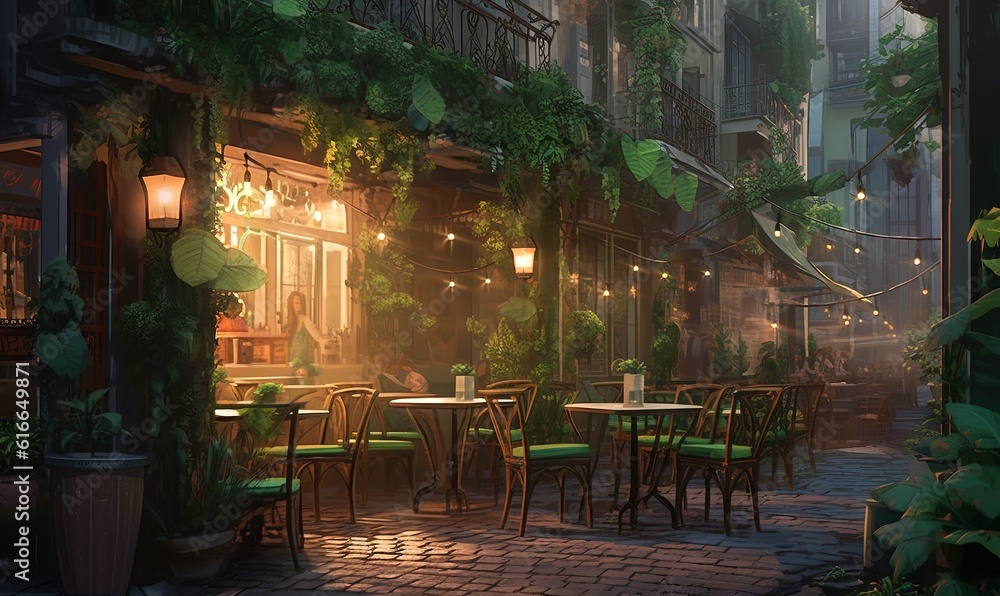 Obraz premium a painting of a patio with tables and chairs at night. generative ai