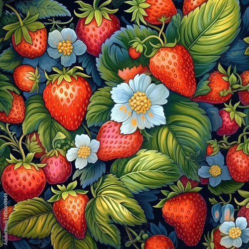  a painting of strawberries and flowers on a black background.  generative ai