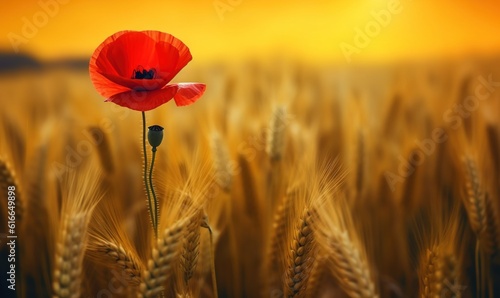  a poppy in a wheat field with the sun in the background.  generative ai
