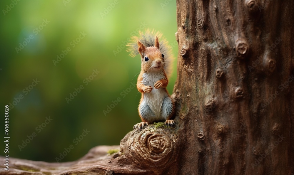  a small squirrel is sitting on a tree trunk and looking at the camera.  generative ai