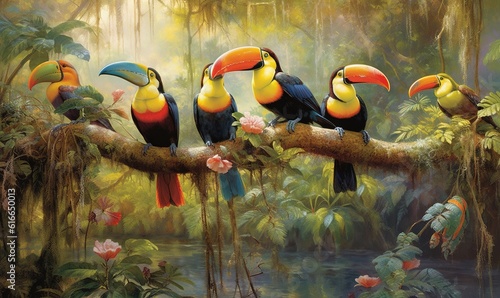  a painting of three toucans perched on a branch. generative ai
