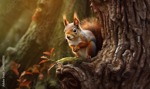  a squirrel is sitting on a tree trunk in the forest.  generative ai