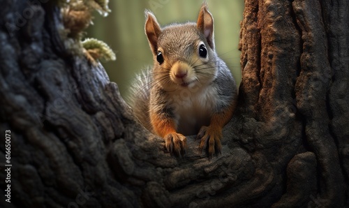  a squirrel is sitting in a tree looking at the camera.  generative ai © Anna