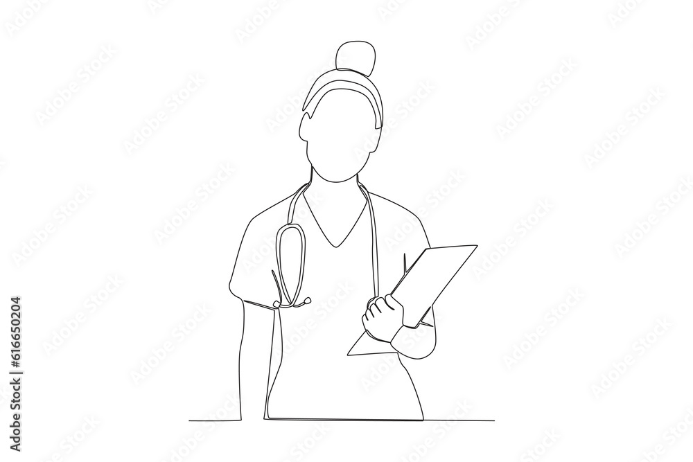 One single line drawing of young female front view happy nurse day ay hospital hallway. Medical health care concept continuous line draw design vector illustration One single line drawing of young female front view happy nurse day ay hospital hallway. Medical health care concept continuous line draw design vector illustration