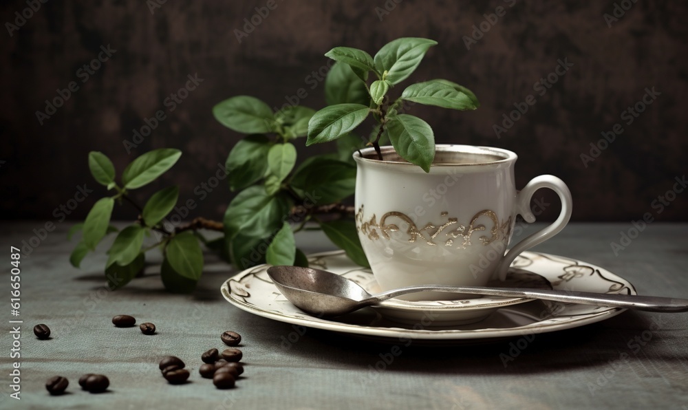 a cup of coffee with a spoon on a saucer. generative ai a cup of coffee with a spoon on a saucer. generative ai