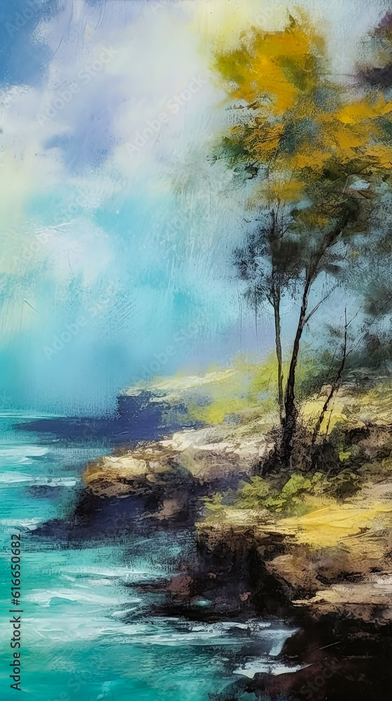 Landscape with a view of the seashore and a lonely tree in the foreground. Oil painting. Landscape with a view of the seashore and a lonely tree in the foreground. Oil painting.