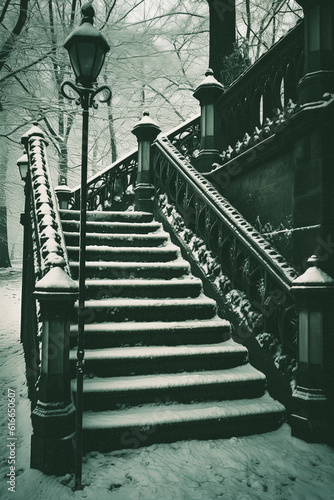 Winter vintage nostalgic cityscape: black and white photo of city lantern and stairs in snow