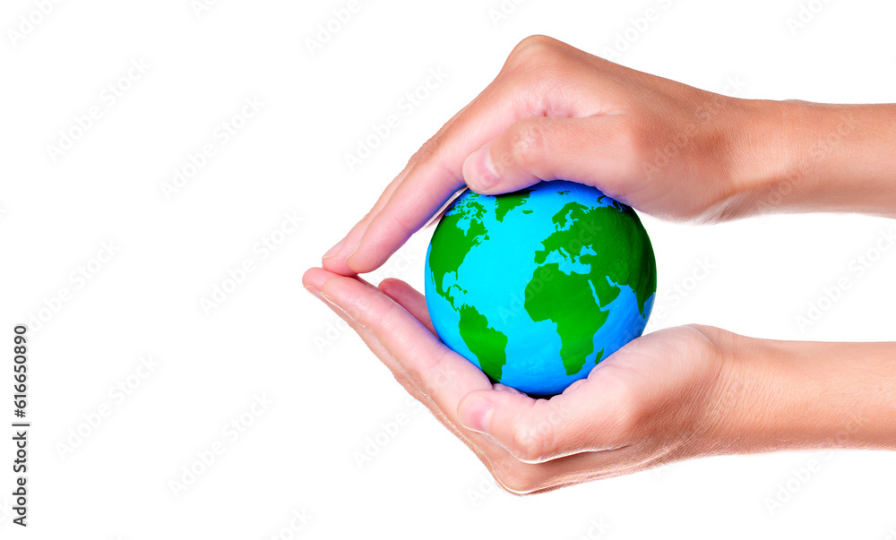 Earth Model Gently Cradled in Hands on White Earth Model Gently Cradled in Hands on White