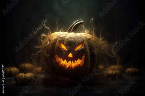 Large pumpkin and lot of small for Halloween Jack head with terrible smile carved and candle inside on dark background. Generative AI