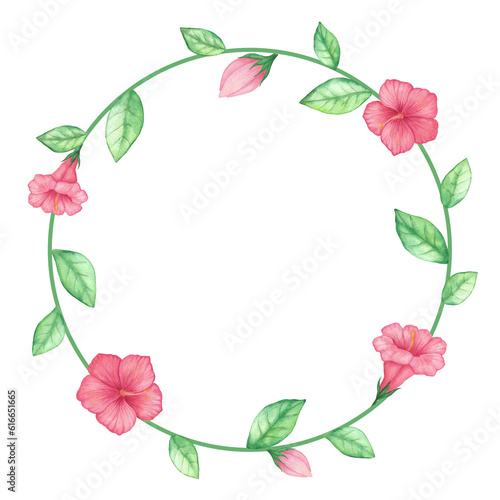 Round frame decorated with red flowers and green leaves. Watercolor illustration