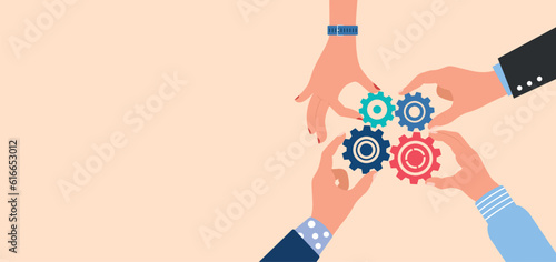 hands holding a gear tools wheel, teamwork concept design 