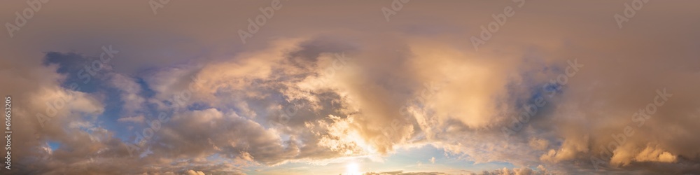 Sky panorama with bright glowing golden clouds. HDR 360 seamless spherical panorama. Full zenith or sky dome in 3D visualization, sky replacement for aerial drone panoramas. Weather and climate change