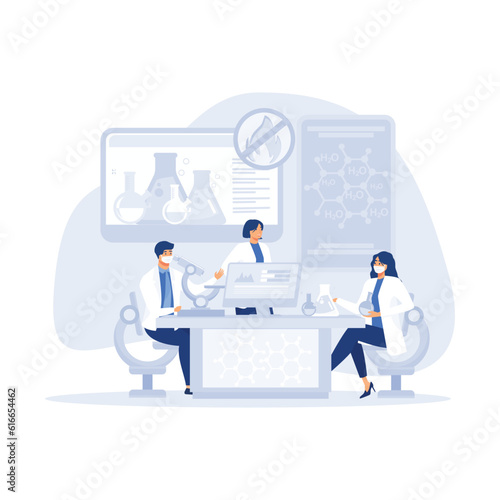 Professional scientists,  Medical laboratory, research experiment biology molecular concept. flat vector modern illustration