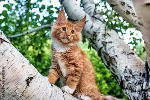 A big maine coon kitten sitting on a tree in a forest in summer. © Marina