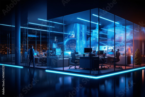 photo futuristic office illuminated by blue lighting equipment at night generated by ai.generative ai