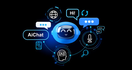 AI hologram and chat bot speech bubbles, helpdesk and customer support