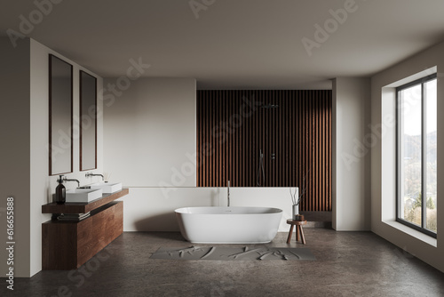 White and wooden bathroom interior with tub  double sink and shower