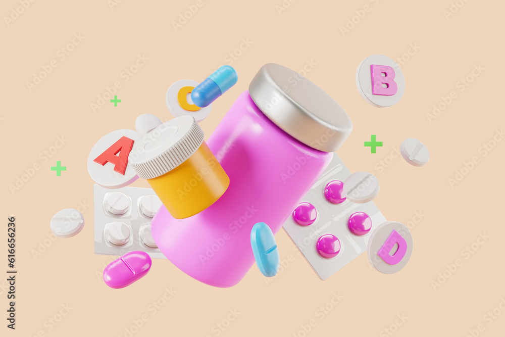 Medical empty bottles with pills and vitamins flying, health treatment - obrazy, fototapety, plakaty 