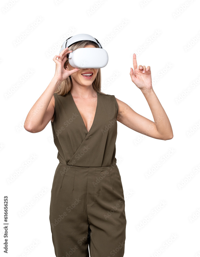 Businesswoman wearing vr glasses, finger touch isolated over white background Businesswoman wearing vr glasses, finger touch isolated over white background