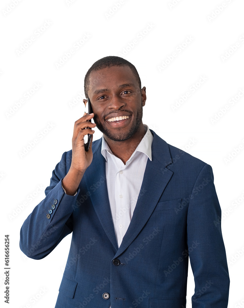 African businessman talking on the phone, isolated over white background African businessman talking on the phone, isolated over white background