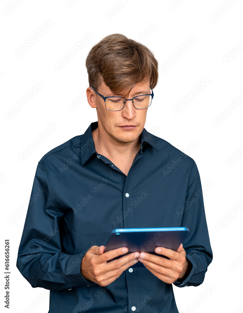 Serious businessman with tablet in hands, isolated over white background