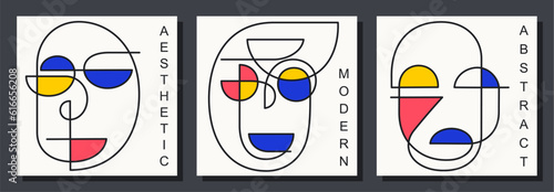 Three abstract faces in neoplasticism style. Different surreal faces of people. Continuous line portrait. Vector design