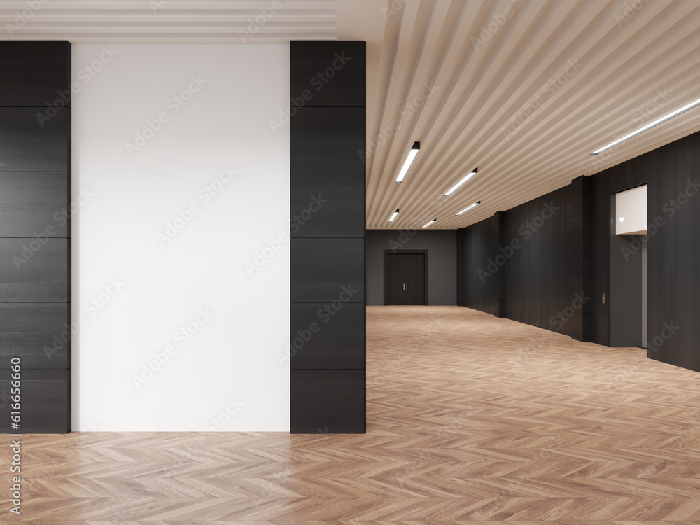Business hall interior with private rooms and corridor, mockup wall Business hall interior with private rooms and corridor, mockup wall