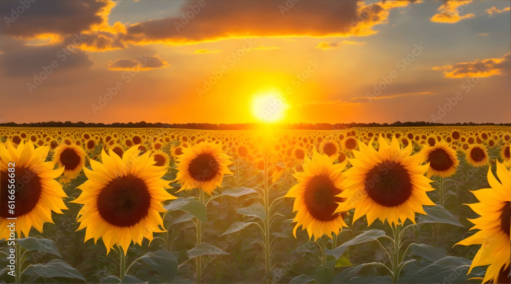 Golden sunflowers under dramatic sky, a serene rural scene with no people.