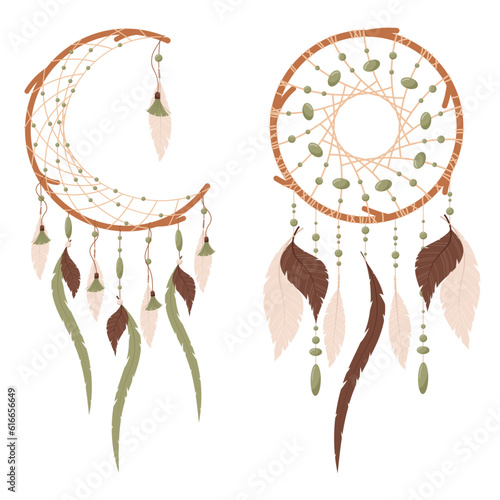 Dream Catcher. Vector illustration of a dream catcher with feathers and beads in boho style.