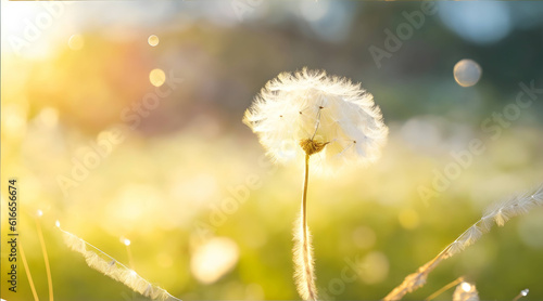 Fototapeta Naklejka Na Ścianę i Meble -  Fragile Beauty: Close-up of Dew-Covered Dandelion in Sunlit Meadow
