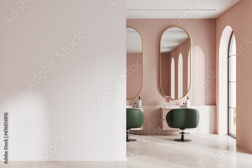 Pink beauty salon with chairs in row and mirror, panoramic window. Mockup wall