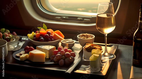 Tray with delicious food on the plane, business class travel