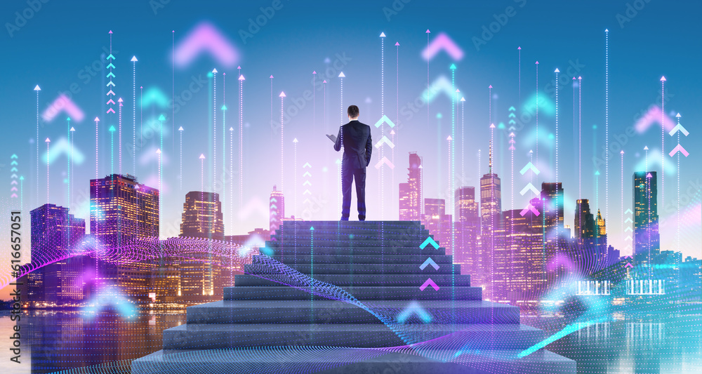 Businessman on the top of stairs, New York skyline and rising arrows, smart city Businessman on the top of stairs, New York skyline and rising arrows, smart city