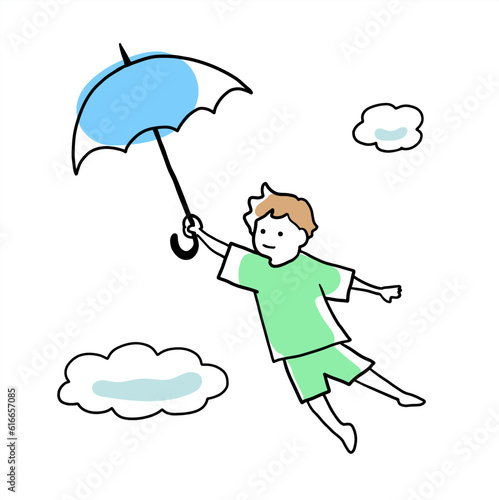 傘を持って飛んでいく子どもの線画イラスト