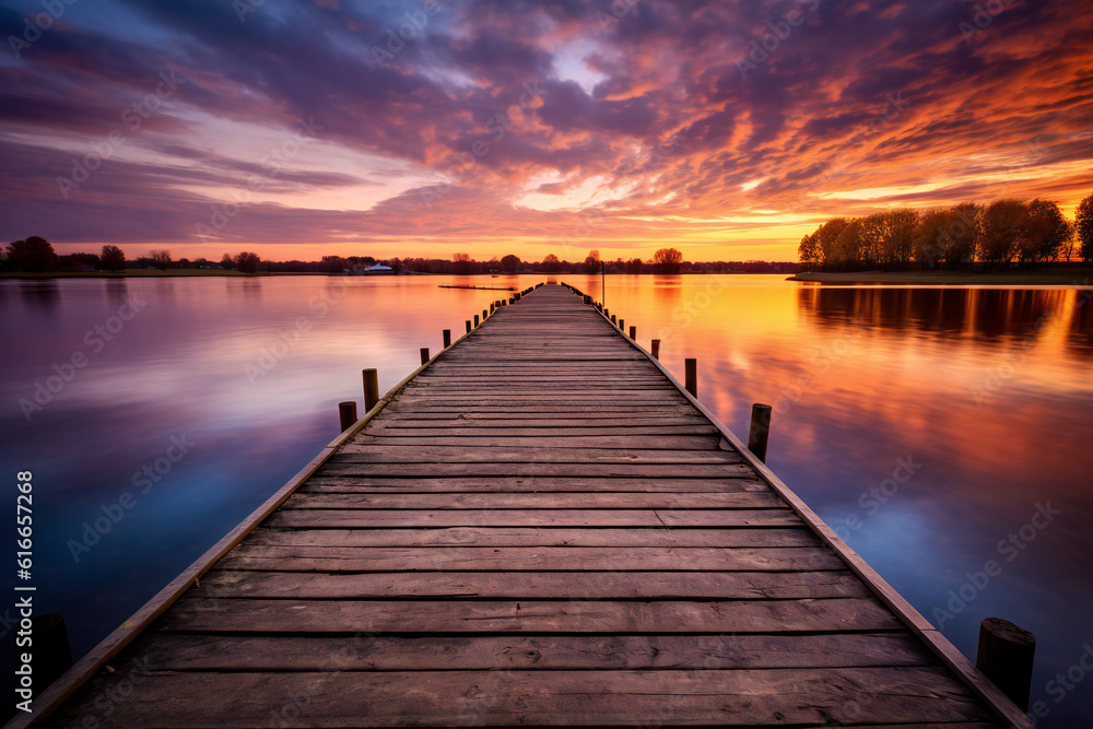 Pier boardwalk at sunset, beautiful scenery Pier boardwalk at sunset, beautiful scenery