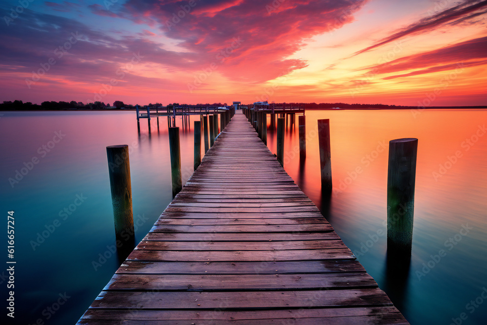 Pier boardwalk at sunset, beautiful scenery Pier boardwalk at sunset, beautiful scenery