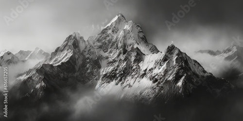 Dramatic snow-capped mountains landscape. Clouds and fog covers stone slopes....