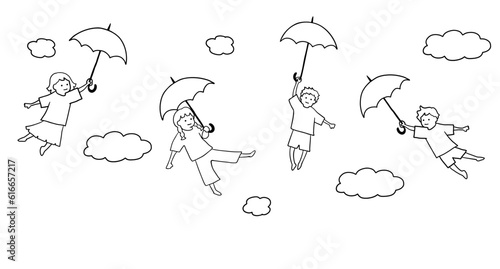 傘を持って飛んでいく子どもの線画イラスト　白黒