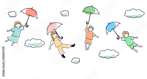 傘を持って飛んでいく子ども達の線画イラスト　パステルカラー