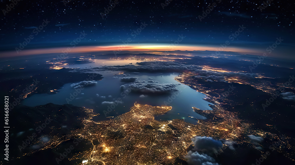 Panoramic view on planet Earth globe from space. Glowing city lights, light clouds. Generative AI