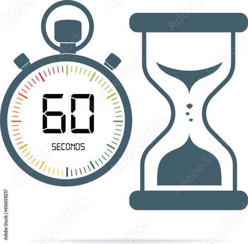 Time And Clock, 60 Seconds, 60 seconds timer clock with hourglass Isolated On White Background. Precious Time Concept. Vector Illustration