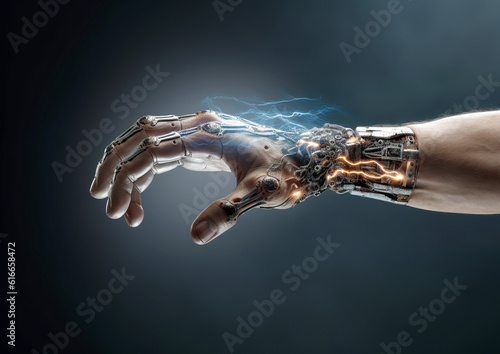With the help of the technology of the future, the human hand becomes curable. Robot, human and humanoid hand technology with electrical discharges. AI generated. photo