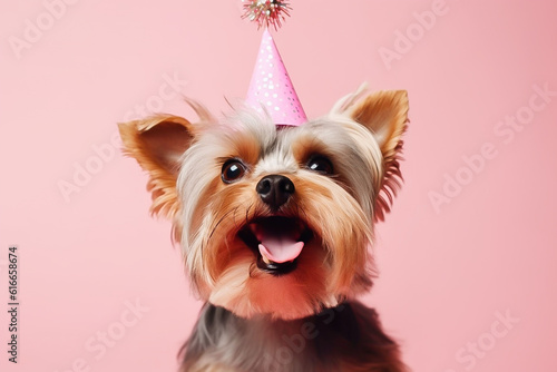 a dog in a birthday hat on a pink background in the studio, space for text. Image generated by AI